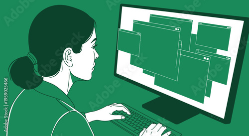 Woman working on computer with many open windows illustration
