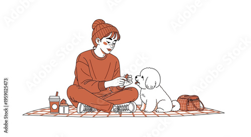 Young woman feeding small dog during cozy picnic leisure time