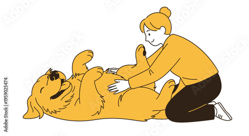 Woman petting happy dog's belly in minimalist illustration
