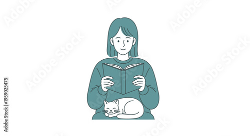 Woman reading book with sleeping cat on lap