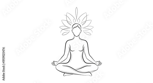 Woman meditating in lotus pose with sacred lotus flower icon