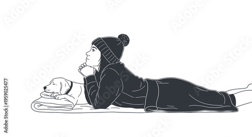 Woman in winter hat with sleeping dog relaxing at home