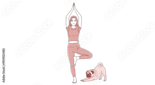 Woman performing yoga tree pose next to a pug