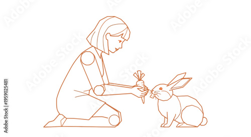 Woman kneeling and feeding carrot to a cute rabbit