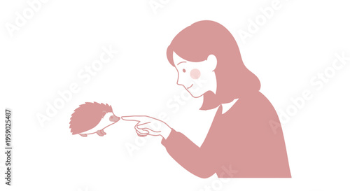Woman gently touching a cute hedgehog with her finger