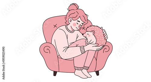 Woman cuddling a cute hedgehog in a pink armchair