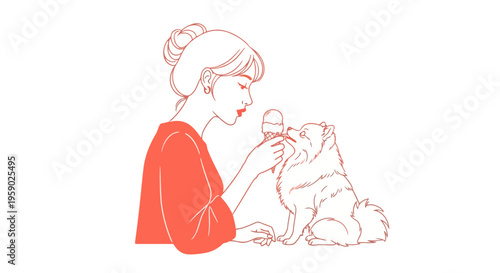 Woman feeding ice cream to her fluffy dog showing friendship
