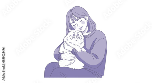 Woman happily cuddling fluffy white cat illustration