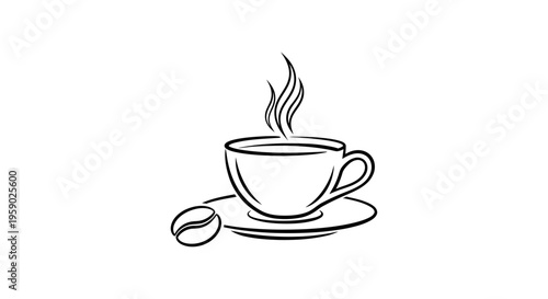 Steaming coffee cup and bean outline icon illustration