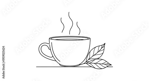 Simple line art icon of steaming tea cup and leaves