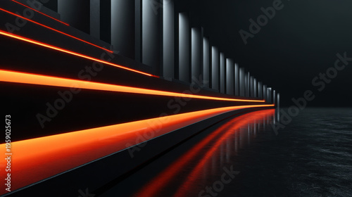 Wallpaper Mural Monumental staircase glowing orange led strip futuristic corridor reflective floor minimalist cinematic scene Torontodigital.ca