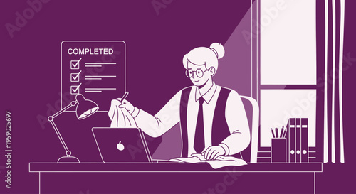 Professional woman completing tasks at desk in modern office