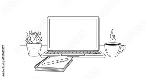 Minimalist desk with laptop, plant, coffee, notebook and pen