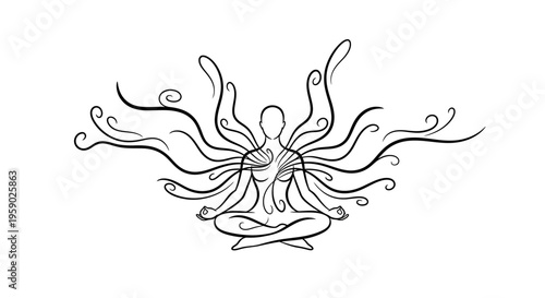 Meditating figure with flowing energy lines black white