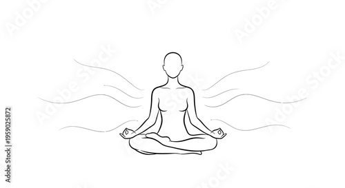Meditating person in lotus position with wavy lines