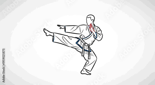 Man performing high kick in martial arts uniform illustration
