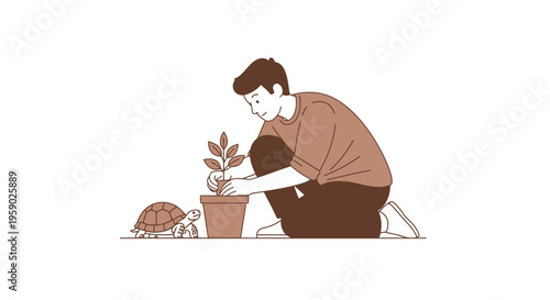 Man planting small tree in pot with turtle