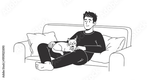 Man relaxing on sofa with cat in living room
