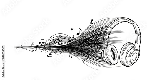Headphones playing music with dynamic flowing artistic lines