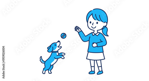 Happy girl playing fetch with pet dog and ball