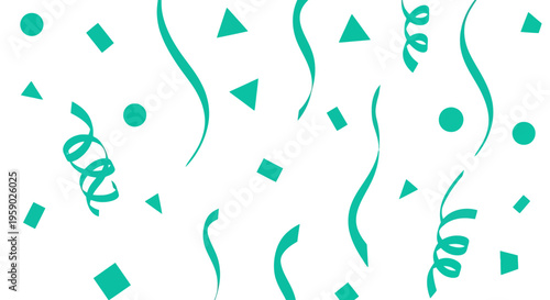 Green shapes and confetti elements.