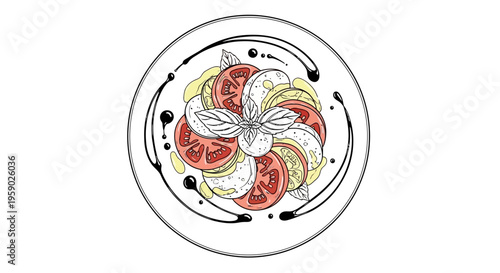 Hand-drawn Caprese salad on a plate with balsamic glaze