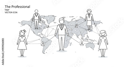 Global business network on world map with interconnected professionals