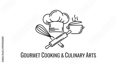 Gourmet cooking culinary arts logo with chef hat utensils