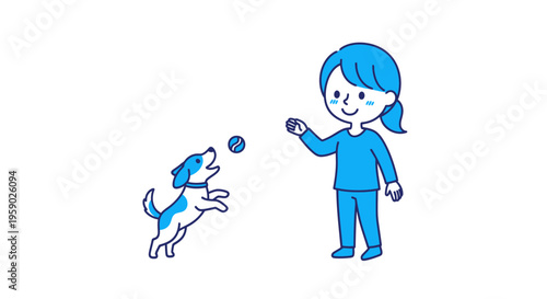 Girl playing fetch with happy dog and blue ball