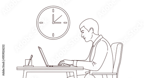 Businessman working on laptop at desk with wall clock
