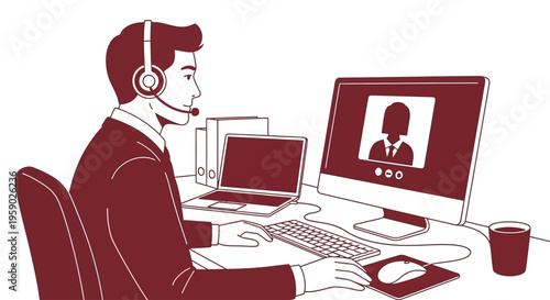 Businessman working on computer with headset and video conference