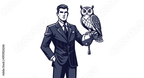 Businessman holding majestic owl on gloved hand