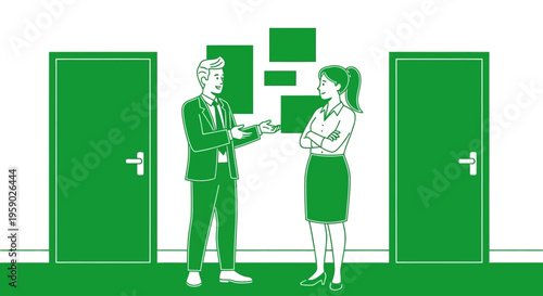 Business people discussing choices in office hallway with doors