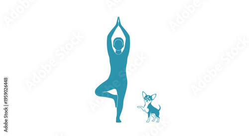 Blue silhouette person in tree pose with chihuahua dog