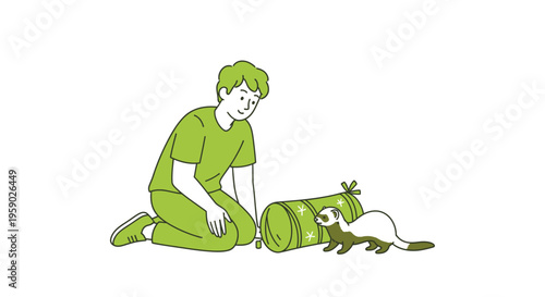 Boy playing with pet ferret and green toy tunnel