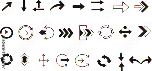 Set of black vector arrow icons and symbols in a modern design collection for web buttons media controls and directional elements.