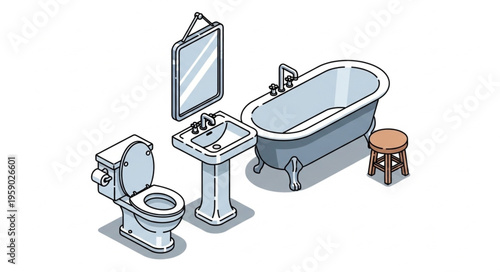Isometric Bathroom Suite Illustration with Toilet, Sink, Mirror, Bathtub, and Stool.