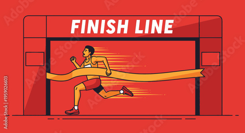 Athlete Reaching Finish Line Cartoon Illustration In Vivid Red Color Scheme