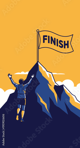 Athlete Reaches Summit Flag Bearing Finish Line Symbolizing Victory And Achievement