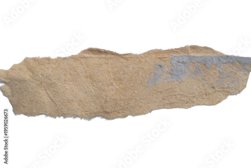 Elongated torn craft paper piece with visible grey fibers and textured surface on png background