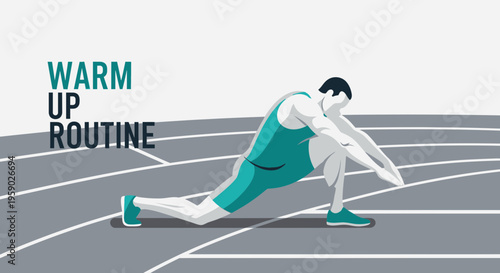 Athlete Stretching Before Running on Track, Warm Up Routine, Dynamic Illustration