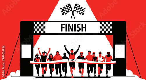 Athletes Celebrating Victory Under the Finish Line Archway, Achieving Marathon Goals Successfully