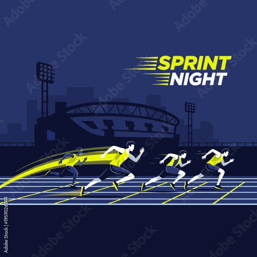 Athletes Compete In A Dynamic Sprint Race Under Stadium Lights