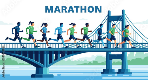 Athletes Competing in a Marathon Race Across a Scenic Bridge