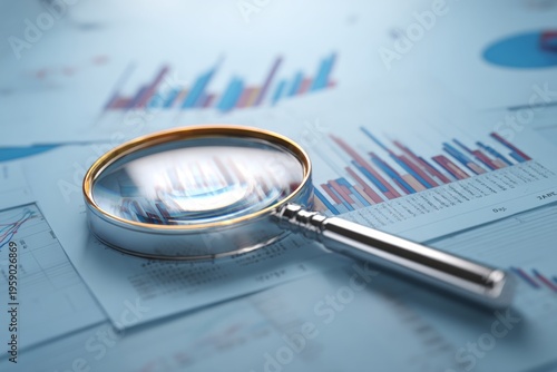 Magnifying Glass Over Charts and Graphs on Light Blue Background for Business Analysis and Data Insight Presentation