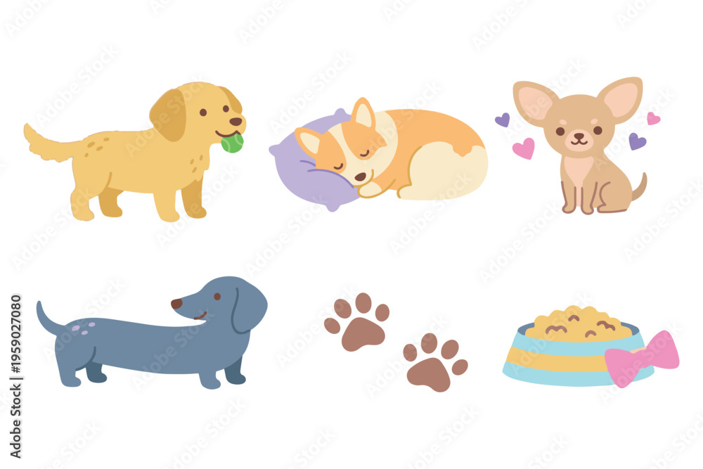 Obraz premium Adorable Dog Breeds Character Set, Cute Puppy Poses with Corgi Chihuahua and Dachshund Flat Vector Illustration