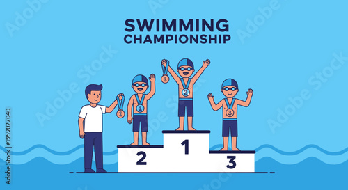 Athletic Achievement Celebration On Podium With Medals For Top Swimmers