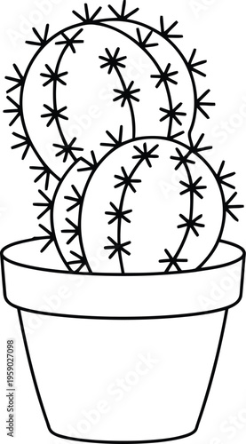 A black and white drawing of a cactus in a pot