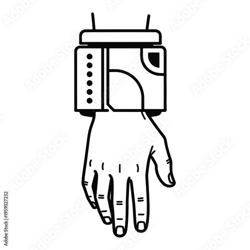 Hand wearing smart watch with buttons and antennae on white icon