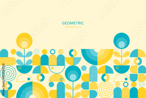 Minimal geometric banner with blue and yellow shapes forming abstract people and plants, arranged in a clean mid-century style on a soft beige background.